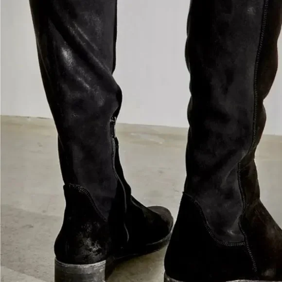 Free People Carson Over The Knee Boots Black Stretch Suede Zipper